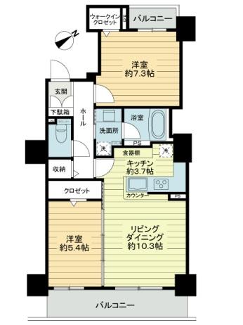 Floor plan. 2LDK, Price 24,800,000 yen, Occupied area 62.97 sq m , Balcony area 9.81 sq m