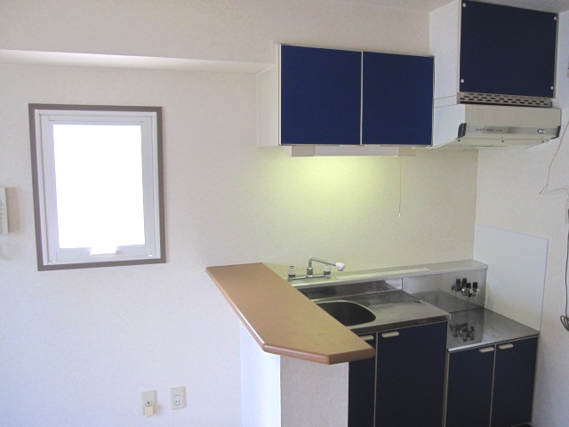 Kitchen. Small window with the kitchen next to! Blue color panel Kitchen