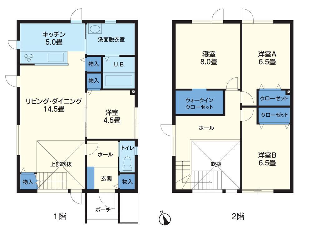 Floor plan. ● Living southwestward. Bright room ● next living room Western-style pour the southwest and Sun Sun and sunlight from the large windows of the west overlook from the open kitchen, Family-friendly plan that Kubareru an eye to how the small children