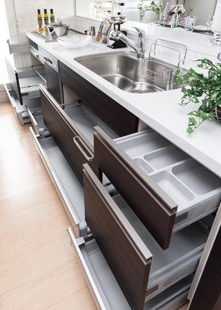 Kitchen.  [Floor container] From fine seasoning to large cookware, Set up a neat fit floor container. In sliding storage, Good kitchen clean up is born (same specifications)