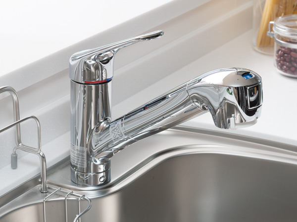 Kitchen.  [Kitchen mixing faucet] Flow rate ・ It reduces the wasteful running water at the time of the amount of water adjustment, There are energy-saving effect compared to the single-lever faucet. Also, Faucet around is stain-resistant hygienic (same specifications)