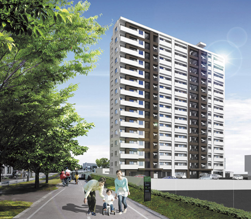 Buildings and facilities. Be born in all 70 House along Shiraishi cycling road with views of four seasons while jogging and walk <clean River finesse Higashisapporo Square>. Exterior - Rendering (in fact a somewhat different in what the cityscape photo of peripheral local to those that caused draw on the basis of the drawing (May 2013 shooting) a person the image of synthesis)