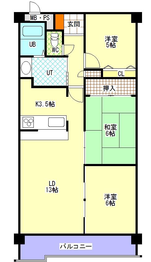 Floor plan. 3LDK, Price 9.8 million yen, Occupied area 63.82 sq m , Balcony area 9.62 sq m