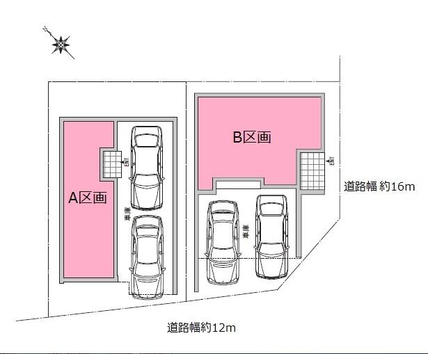The entire compartment Figure. Front road of southwest-facing is 12m, Easy loading and unloading is. Big supermarket ・ city hall ・ An attractive area in which the hospital is aligned.