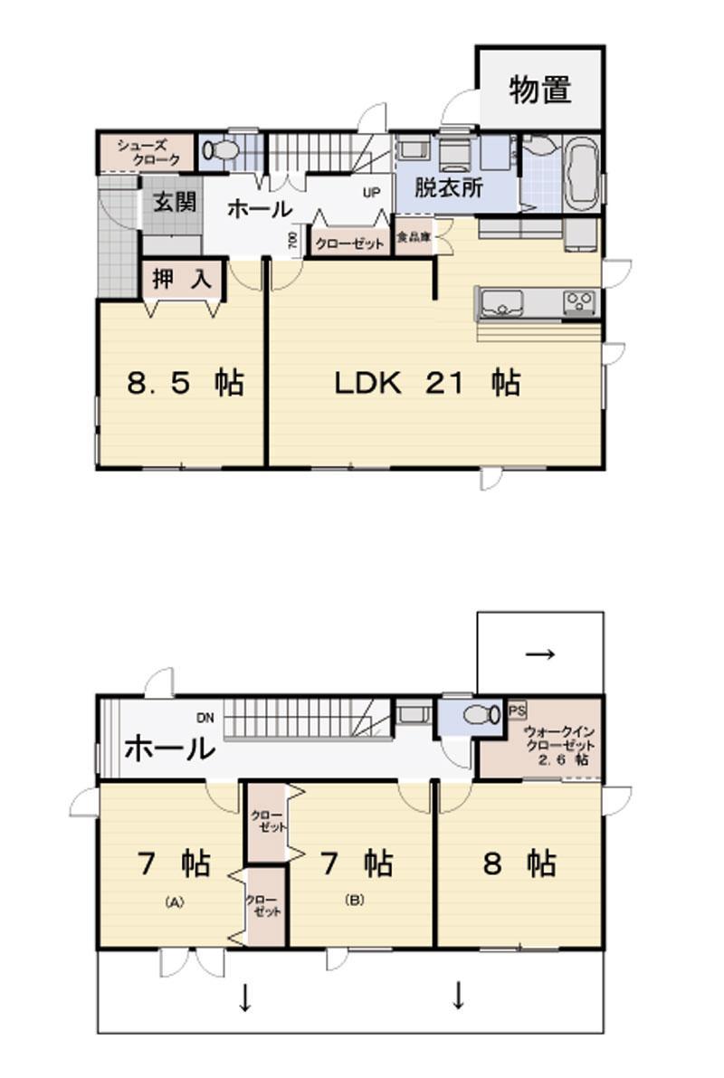 Floor plan. 42.8 square meters of the house of the room. All rooms 7 Pledge or more of the room, LDK21 Pledge, Abundant storage.
