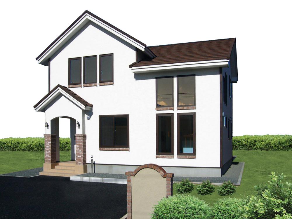 Model house photo. Residential land of 70 square meters with a stylish design gate. A barbecue and gardening in the garden.
