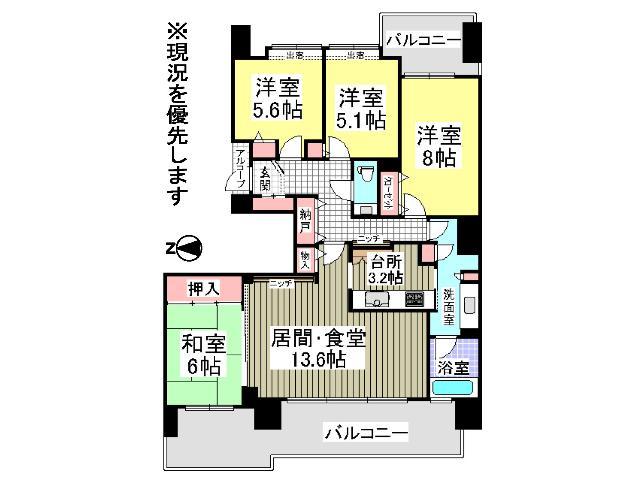 Floor plan. 4LDK, Price 22,800,000 yen, Footprint 96.7 sq m , Balcony area 25.78 sq m Floor