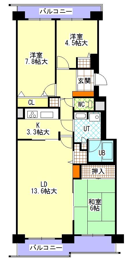 Floor plan. 3LDK, Price 13.5 million yen, Occupied area 83.93 sq m , Balcony area 15.36 sq m