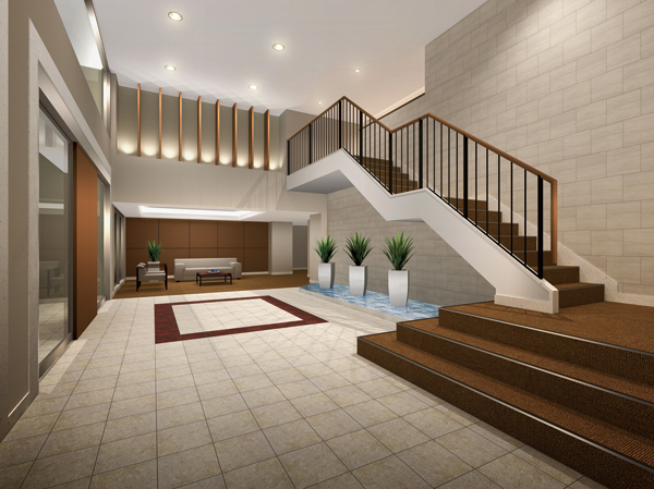 Shared facilities.  [Entrance hall] Directing the open expanse space of atrium. Elegance of the lattice-shaped staircase that invites to the second floor with comfortable BGM. Attentive of the peace of mind that we arranged a reception corner is also a big attraction (Rendering)