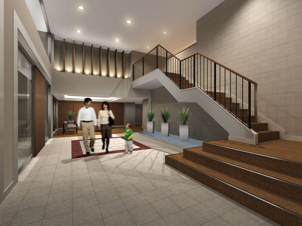 Buildings and facilities. Entrance Hall of Fukinuki of two layers, BGM flows, Pleasant sense of openness has been directing. The Hall back, Also it provides reception corner to put the sofa set. Rendering