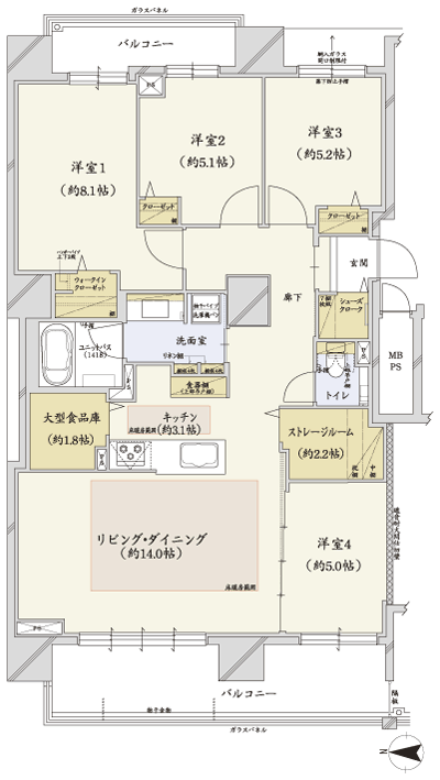 Floor: 4LDK + storage room + large pantry, occupied area: 98.64 sq m