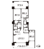 Floor: 3LDK + storage room + private terrace, the occupied area: 80.53 sq m