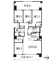 Floor: 4LDK + storage room + private terrace, the occupied area: 92.93 sq m