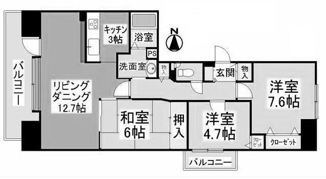 Floor plan. 3LDK, Price 15,980,000 yen, Occupied area 74.29 sq m , Balcony area 12.48 sq m