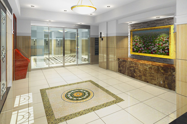Building structure. Entrance Hall flavor of "Yingbin" is directing the, Always BGM flows. Natural marble and terra cotta tile, Painting is also decorated to the design in the marble-tile space, The healing time is likely to flow to people who visit. Rendering