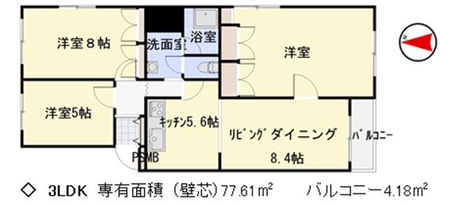 Floor plan. 3LDK, Price 3.8 million yen, Footprint 77.6 sq m , Balcony area 4.18 sq m