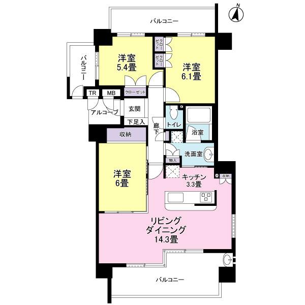 Floor plan. 3LDK, Price 24,900,000 yen, Occupied area 76.64 sq m , Balcony area 25.19 sq m 4 sided opening ・ Three-sided balcony 3LDK of about 76 sq m