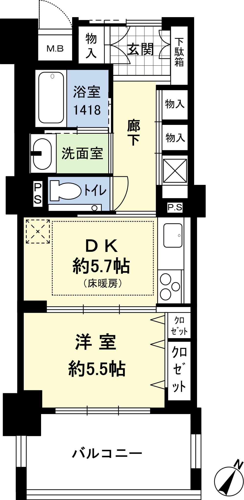 Floor plan. 1DK, Price 15.8 million yen, Occupied area 38.34 sq m , Balcony area 8.4 sq m