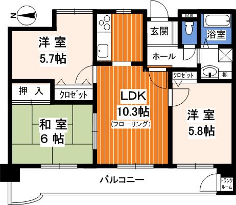 Floor plan. 3LDK, Price 15 million yen, Footprint 57.6 sq m , Balcony area 13.92 sq m