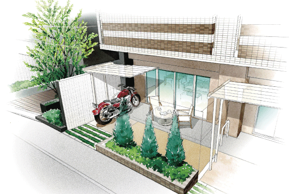 Room and equipment. Private garden, With free space, Gate ・ Dedicated bike with a roof ・ Adorned with comfortable living, such as bike racks (Cg2 type terrace image illustrations)