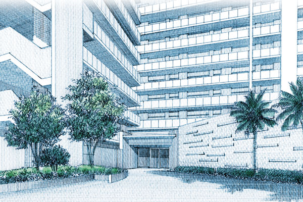 Features of the building.  [Entrance approach] The image of the ocean welcome wall to draw a rhythm like ripples. Resort fine elation worthy of the prelude to like private residence area will escort the person who live (Rendering Illustration)