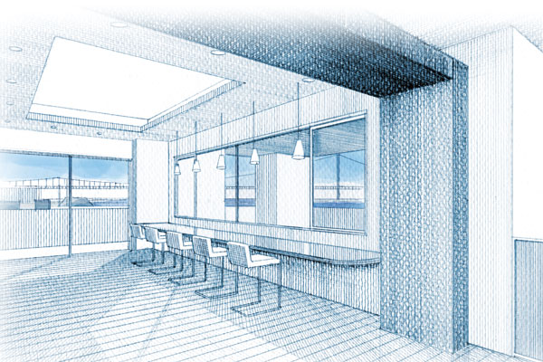 Features of the building.  [Seaside Lounge] Seaside lounge nestled an open-minded view counter by the window of a large glass screen. Masu fun Me the landscape of the ocean to change the look every time (Rendering Illustration)