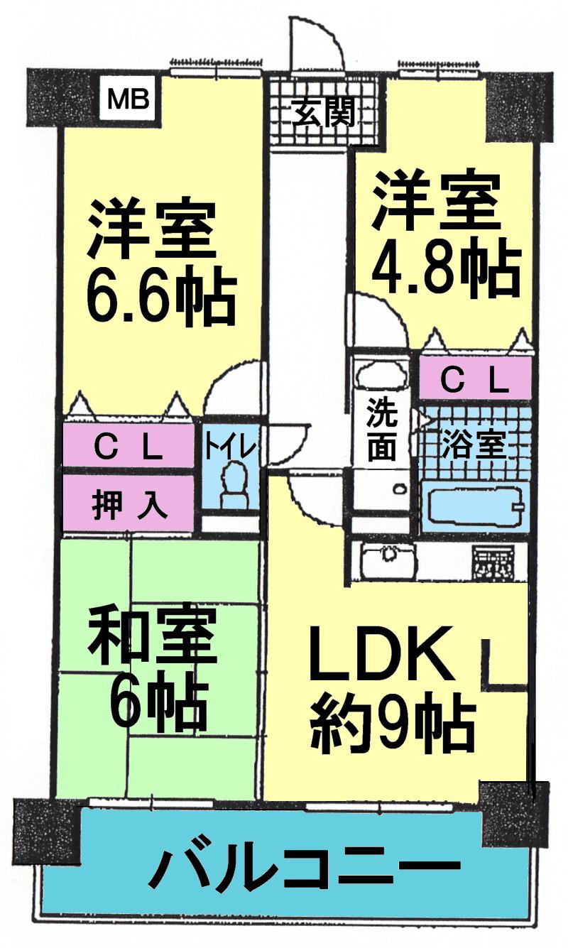 Floor plan. 3LDK, Price 9.9 million yen, Occupied area 55.13 sq m , Balcony area 8.33 sq m