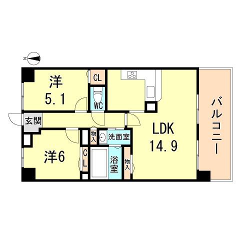 Floor plan. 2LDK, Price 6.5 million yen, Occupied area 57.63 sq m , Balcony area 9.12 sq m