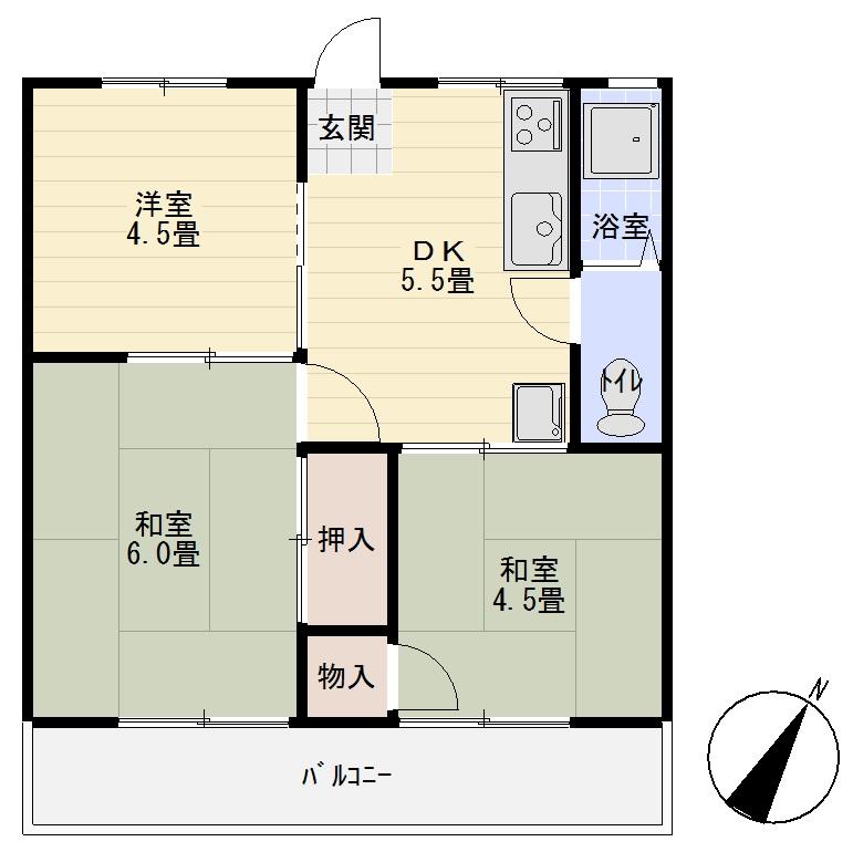 Floor plan. 3DK, Price 2.8 million yen, Occupied area 37.54 sq m , Balcony area 5 sq m