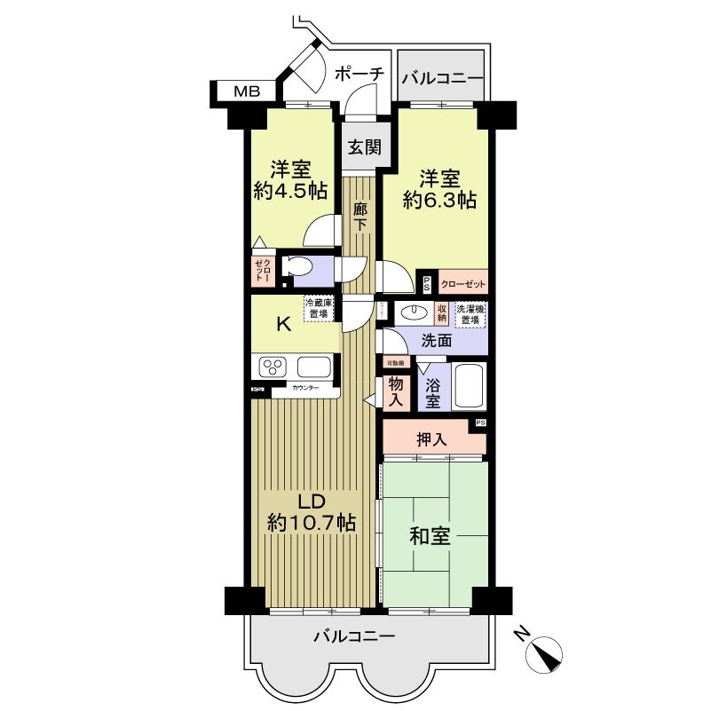 Floor plan. 3LDK, Price 13.5 million yen, Occupied area 66.95 sq m , Balcony area 12.14 sq m