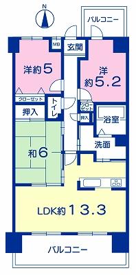 Floor plan. 3LDK, Price 9.8 million yen, Occupied area 65.37 sq m , Balcony area 12.13 sq m 2 sided balcony
