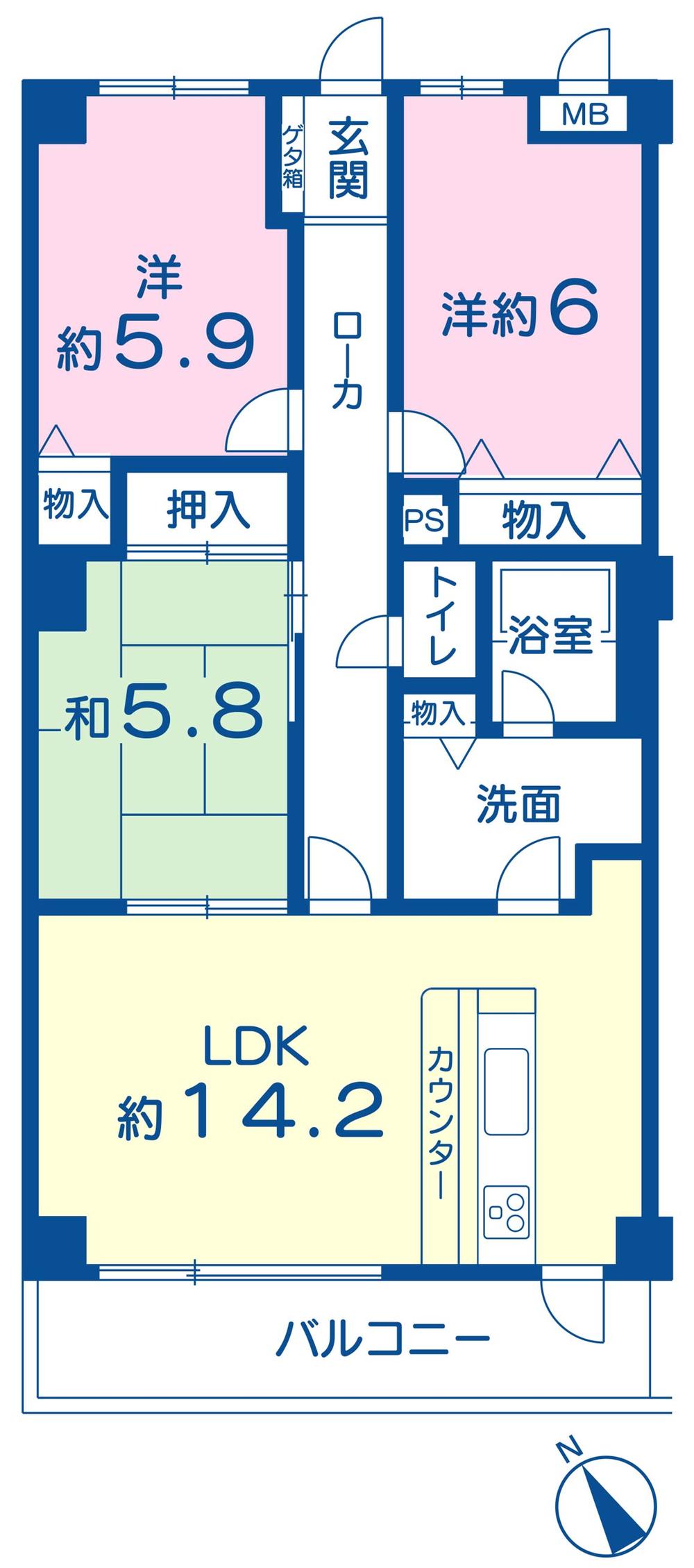 Floor plan. 3LDK, Price 9.8 million yen, Footprint 76.8 sq m , Balcony area 9.6 sq m 3LDK
