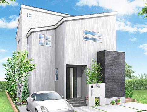 Rendering (appearance).  [R-37 issue areas ・ Model house]   □ All-electric eco specification with solar power + Cute  □ All window Low-E pair glass □ HEMS equipment  □ Next-generation energy-saving specifications