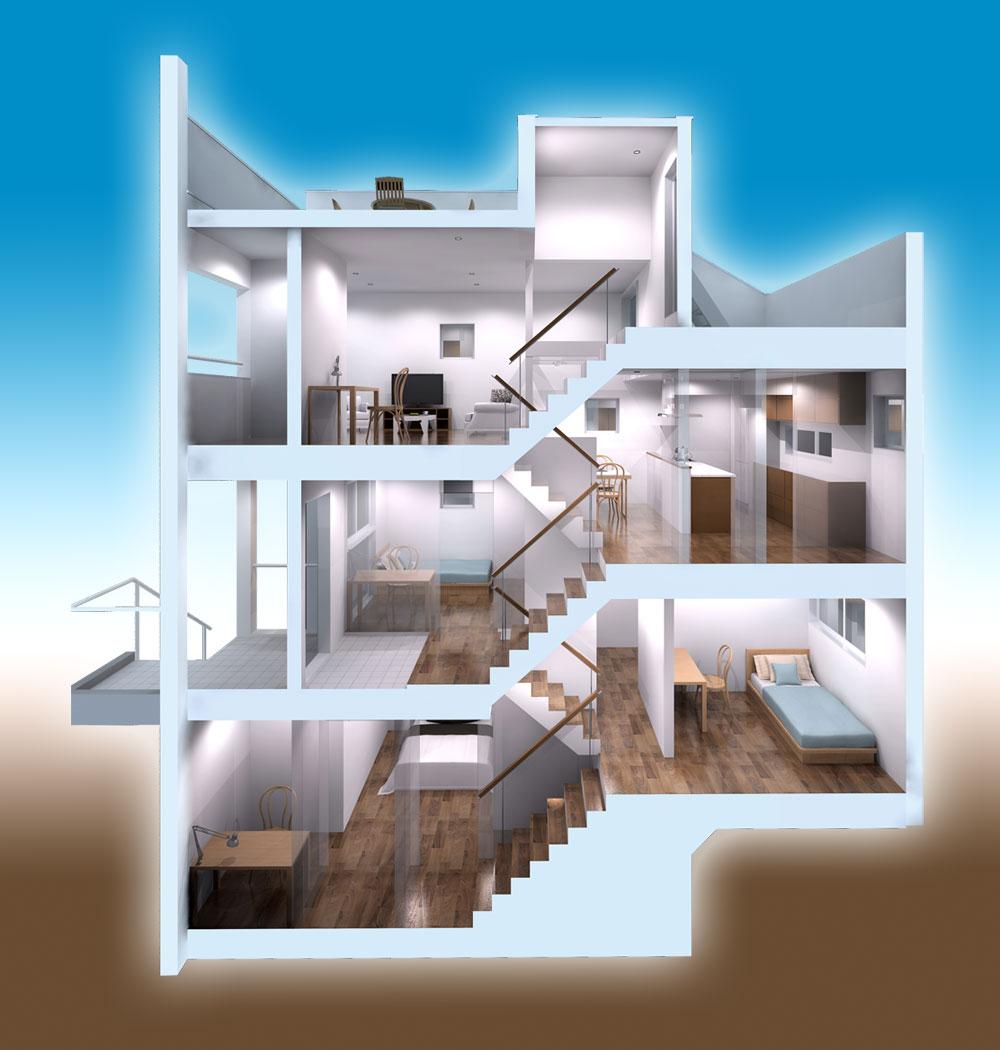 Rendering (introspection). From the basement to the roof, Residence of five layers thought out the space