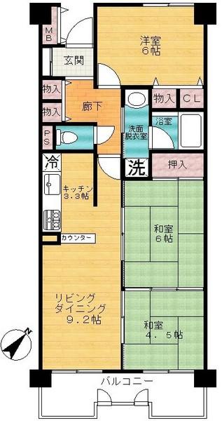 Floor plan. 3LDK, Price 7.6 million yen, Occupied area 64.88 sq m , Balcony area 8.36 sq m