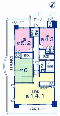 Floor plan. 3LDK, Price 9.8 million yen, Occupied area 65.34 sq m , Balcony area 27.68 sq m 3 sided balcony Corner room