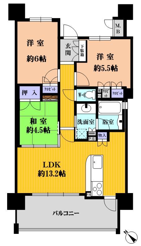 Floor plan. 3LDK, Price 22,800,000 yen, Occupied area 64.81 sq m , Balcony area 18.81 sq m