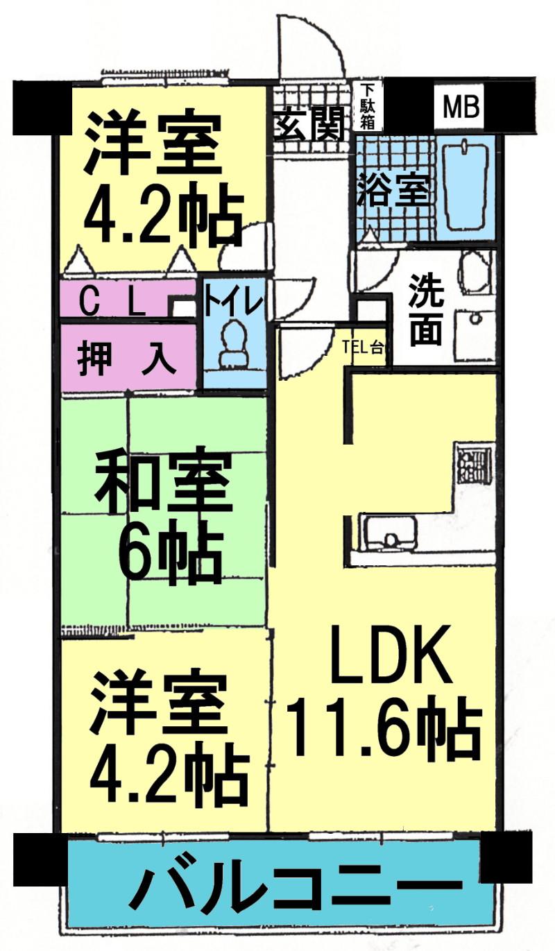 Floor plan. 3LDK, Price 6.9 million yen, Occupied area 55.87 sq m , Balcony area 8.47 sq m