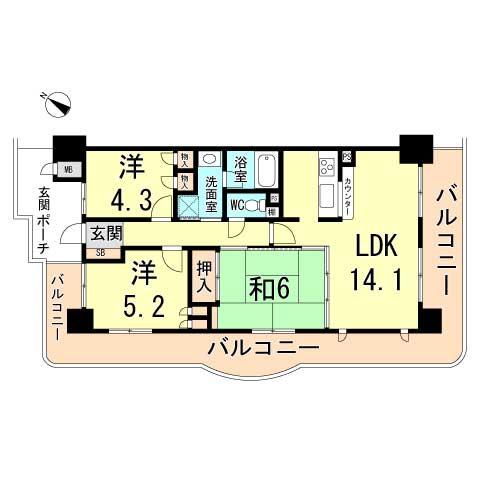 Floor plan. 3LDK, Price 8.9 million yen, Occupied area 65.34 sq m , Balcony area 27.68 sq m