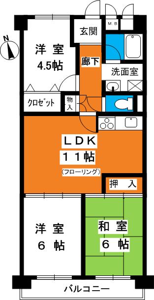 Floor plan. 3LDK, Price 11.5 million yen, Occupied area 64.96 sq m , Balcony area 6.72 sq m
