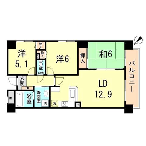 Floor plan. 3LDK, Price 6.8 million yen, Occupied area 63.97 sq m , Balcony area 8.1 sq m