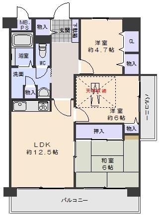 Floor plan. 3LDK, Price 6.8 million yen, Footprint 65.8 sq m , Balcony area 13.9 sq m