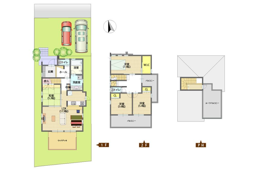 Compartment view + building plan example. Building plan example (A No. land) 4LDK + S, Land price 22,070,000 yen, Land area 174.72 sq m , Building price 23,630,000 yen, Building area 114.48 sq m