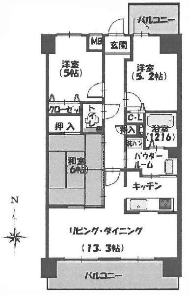 Floor plan. 3LDK, Price 9.8 million yen, Occupied area 65.37 sq m , Balcony area 12.13 sq m