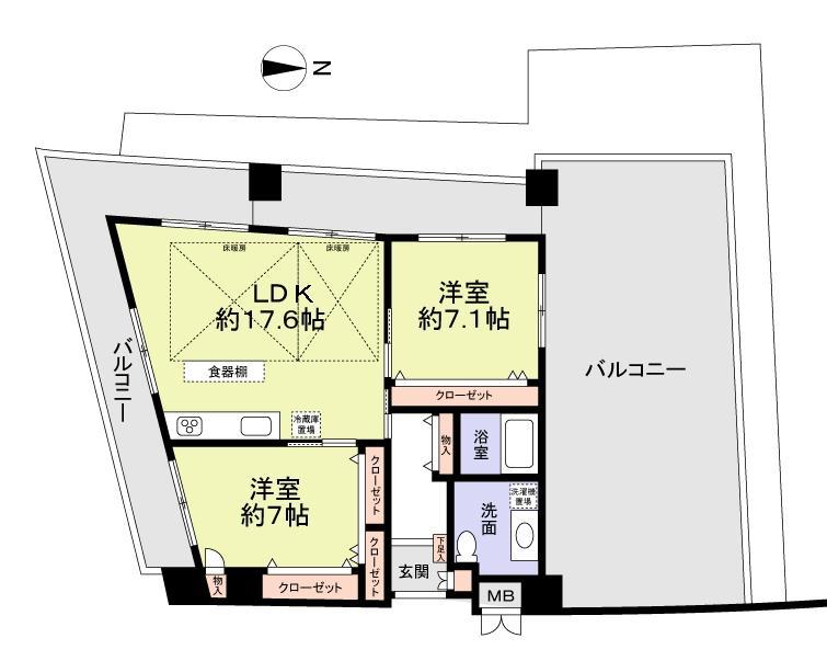 Floor plan. 2LDK, Price 10.9 million yen, Occupied area 74.46 sq m , Balcony area 59.2 sq m