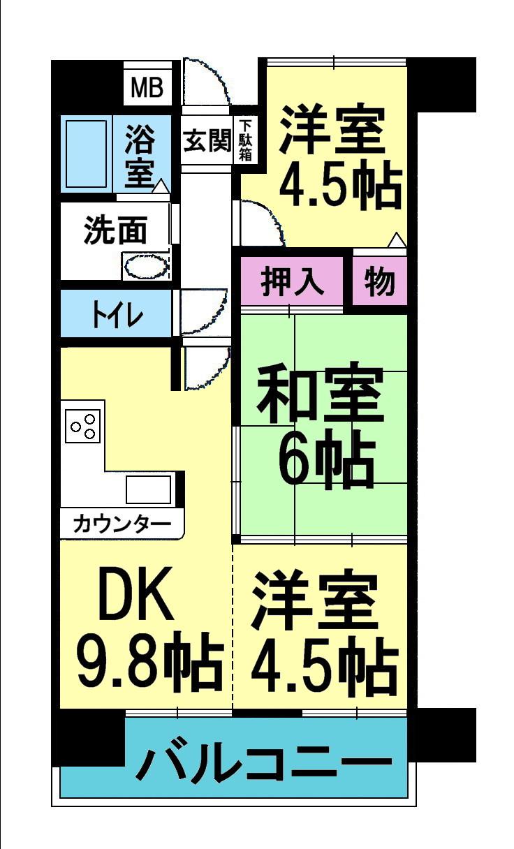 Floor plan. 3DK, Price 6.5 million yen, Occupied area 54.44 sq m , Balcony area 6.6 sq m