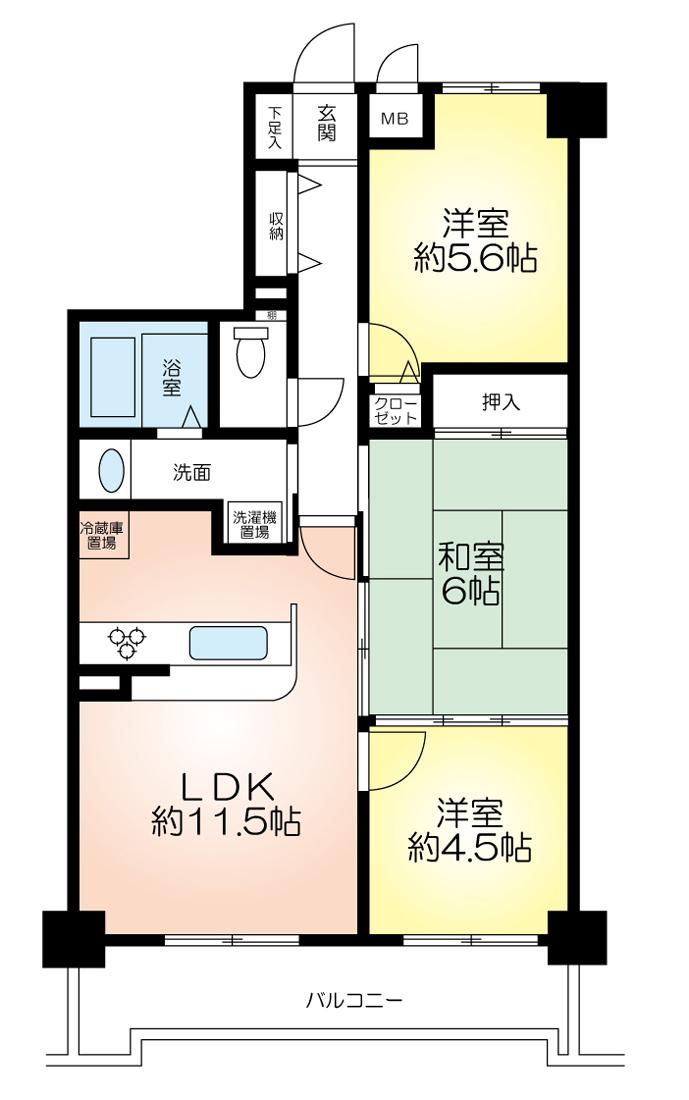 Floor plan. 3LDK, Price 9.8 million yen, Occupied area 61.56 sq m , Balcony area 8.33 sq m floor plan