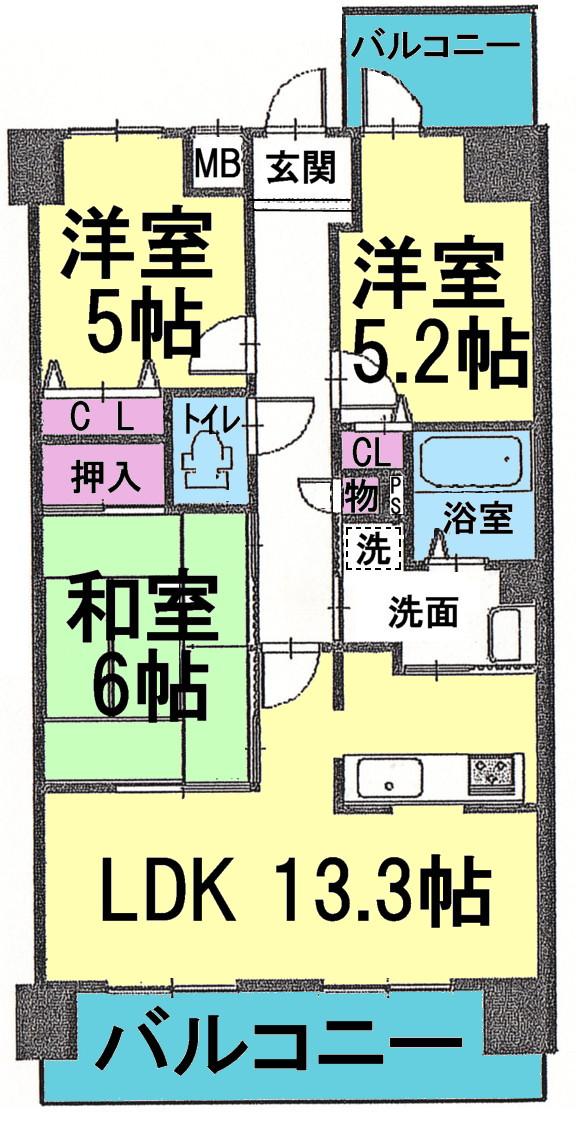 Floor plan. 3LDK, Price 9.8 million yen, Occupied area 65.37 sq m , Balcony area 12.13 sq m