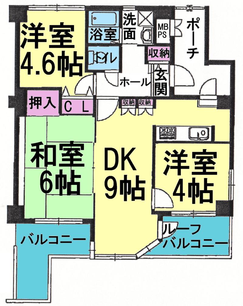 Floor plan. 3DK, Price 5.98 million yen, Occupied area 58.61 sq m , Balcony area 14.94 sq m