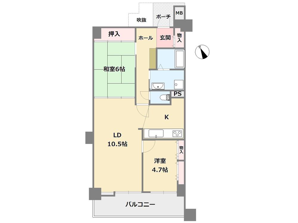 Floor plan. 2LDK, Price 12.8 million yen, Occupied area 61.16 sq m , Second floor of the balcony area 9.87 sq m 12-story! South-facing balcony of the bright rooms!